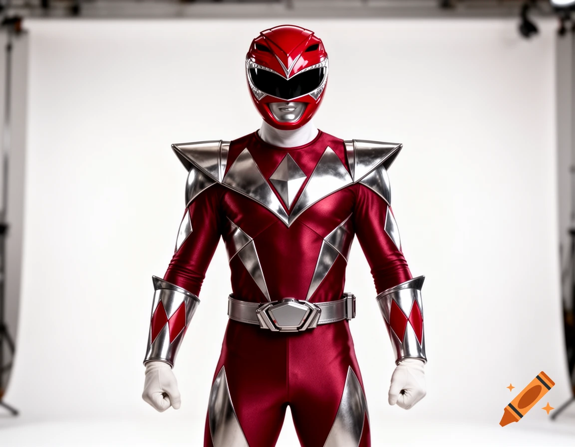 Photorealistic full-body shot of the Red Power Ranger in a studio setting, standing with arms relaxed.