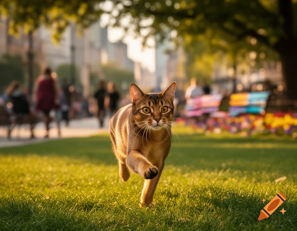 A photorealistic brown tabby cat runs across sunny green grass in a city park with blurred people and buildings.