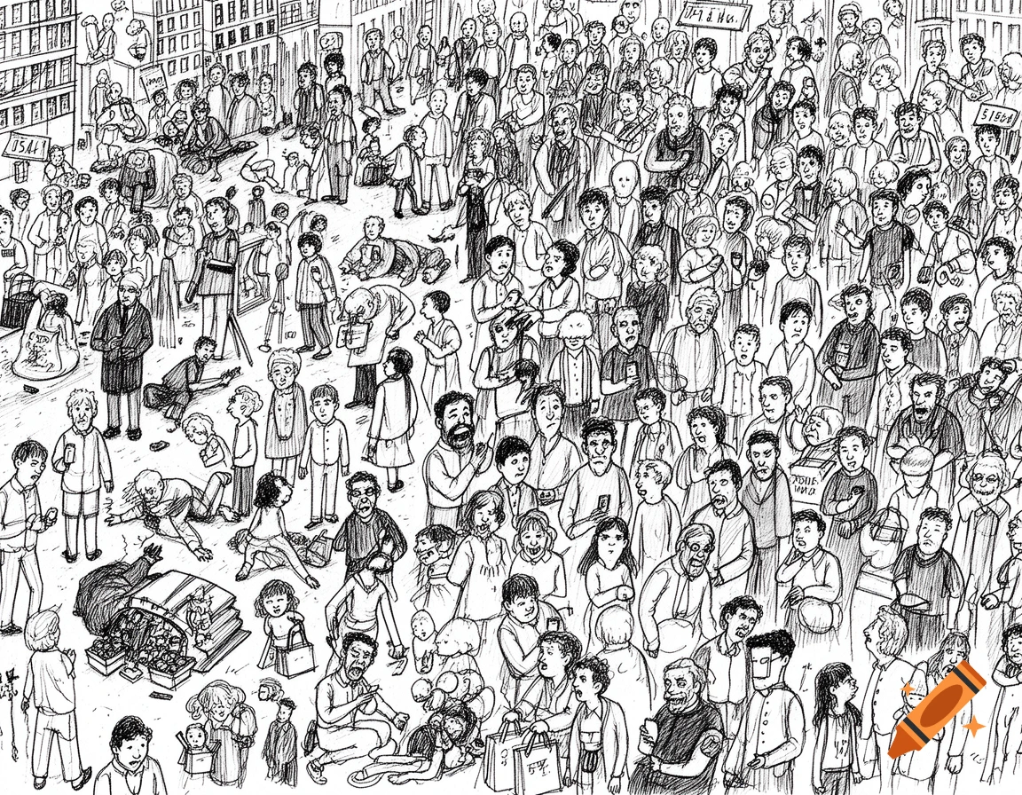 Highly detailed hand-drawn black fineliner illustration of a chaotic, dense urban crowd, depicting various small human situations and interactions.