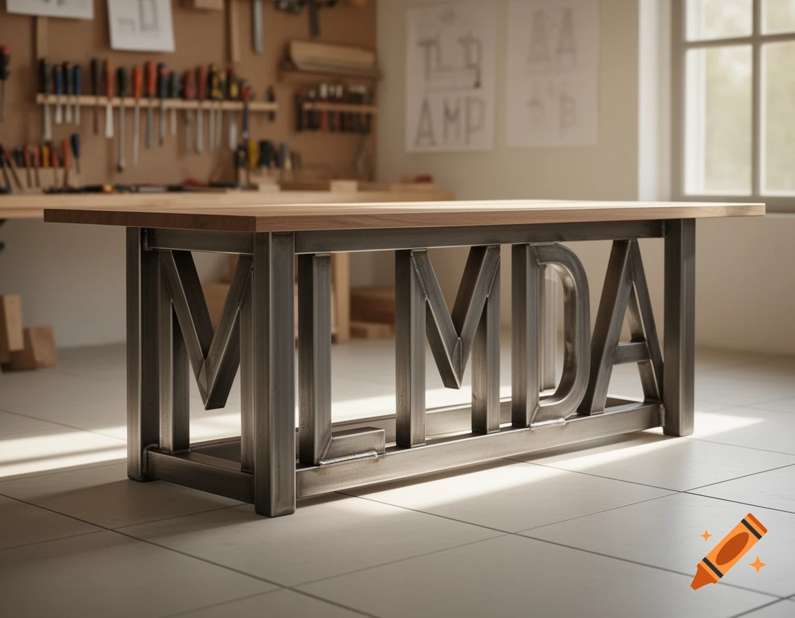 A wooden-top table with a metal base forming the letters MLMDA, placed on a tiled floor in a sunlit workshop.