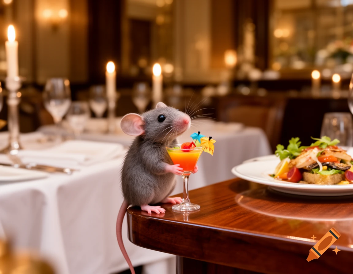 A very cute, photorealistic mouse holds a colorful cocktail on a polished restaurant table next to a plate of food, with candles in the background.