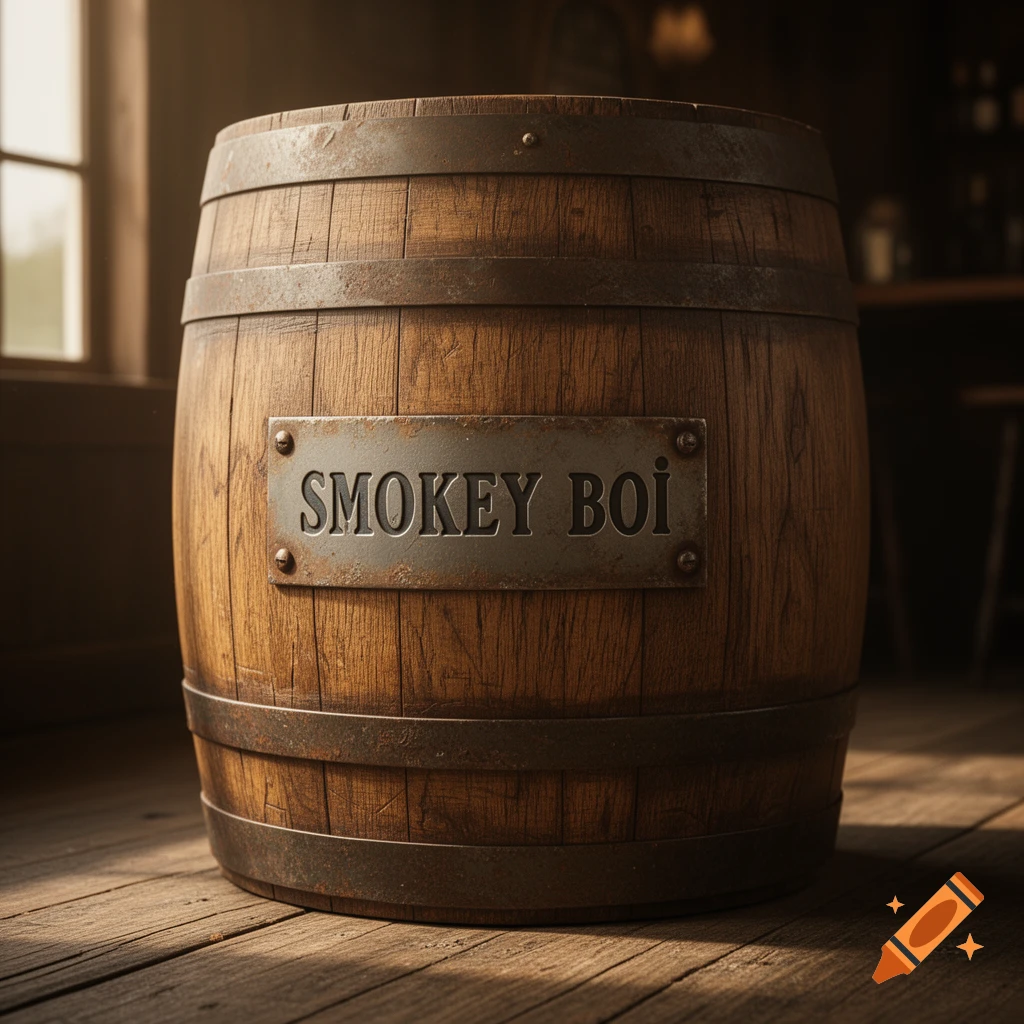 A photorealistic wooden barrel with metal bands and a plaque reading 'SMOKEY BOI' on its front, resting on a wooden floor.