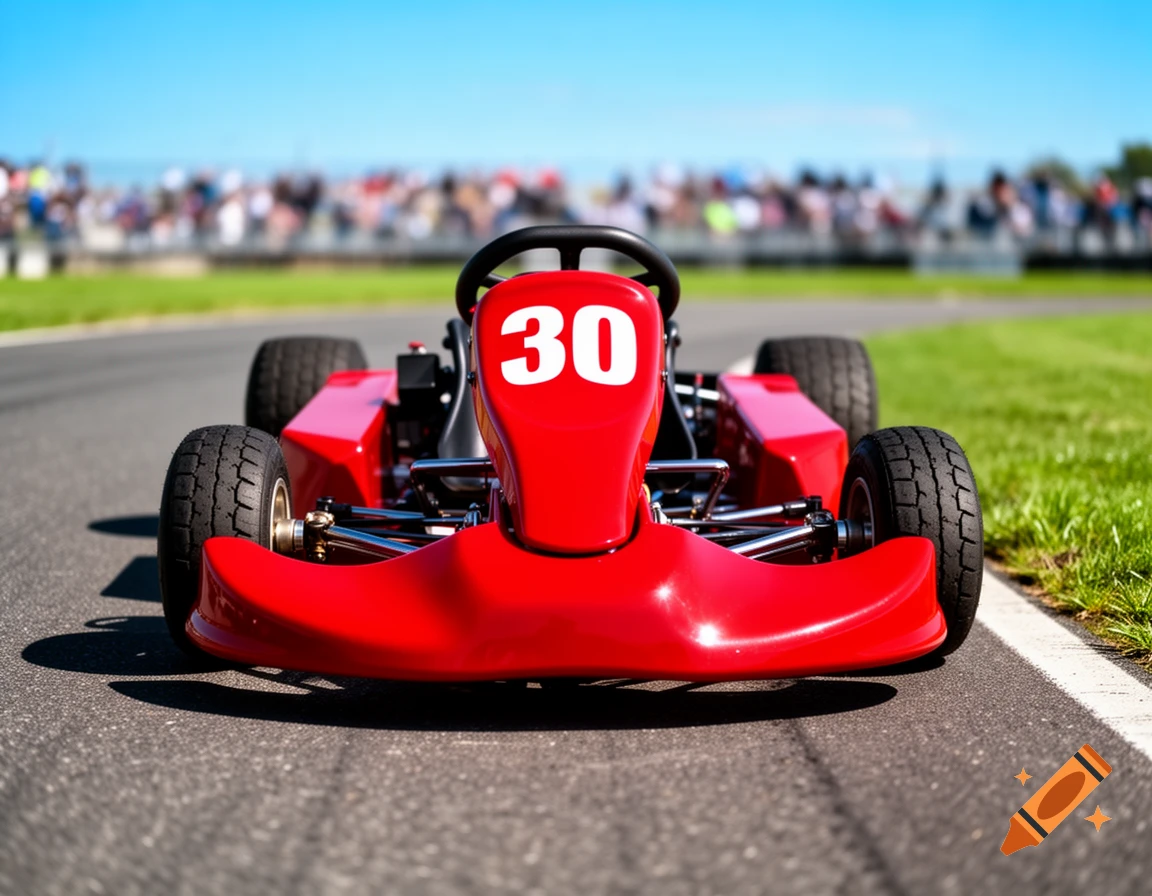 Red go-kart with '30' on front, on a race track with blurred spectators in background. Photorealistic style.