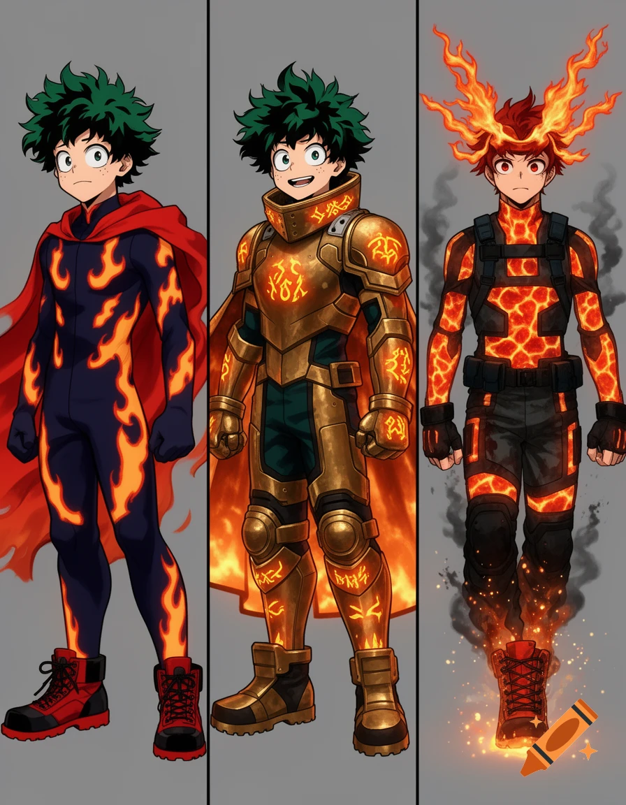 Three anime character designs of Deku from MHA, each with a different fire manipulation costume.