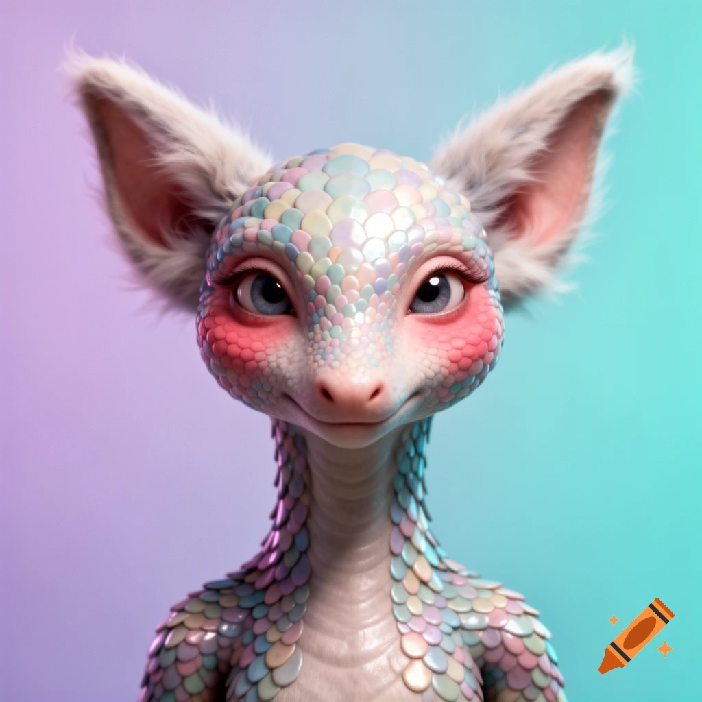 Close-up 3D render of a whimsical fantasy creature with pastel rainbow scales, fluffy ears, pink cheeks, and big blue eyes, against a gradient.