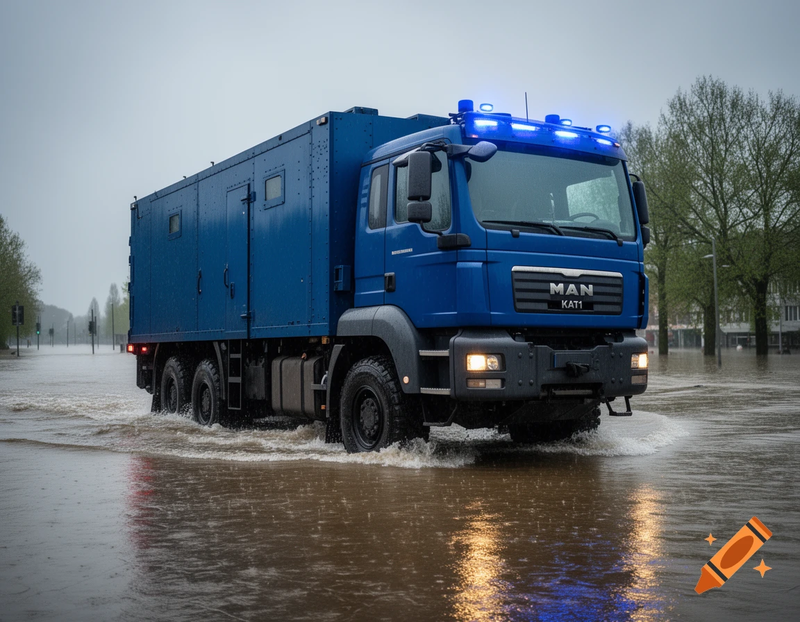 A blue MAN KAT1 heavy-duty truck with blue lights drives through deep floodwaters, splashing water. Photorealistic.