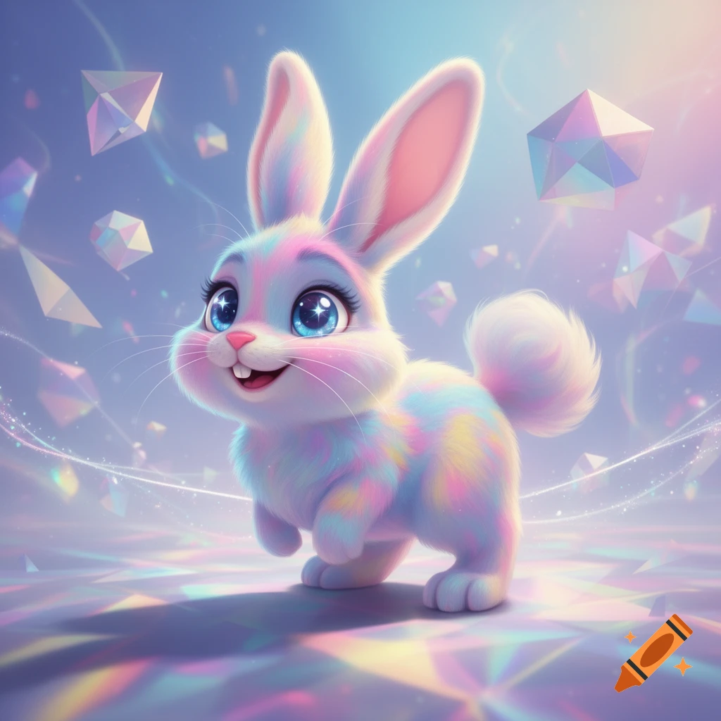 A pastel rainbow-colored cartoon bunny with big blue eyes smiles, standing on a reflective surface with geometric crystals floating around.