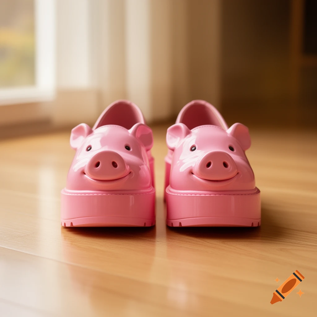 A pair of pink pig-faced platform shoes stands on a polished wooden floor near a window.