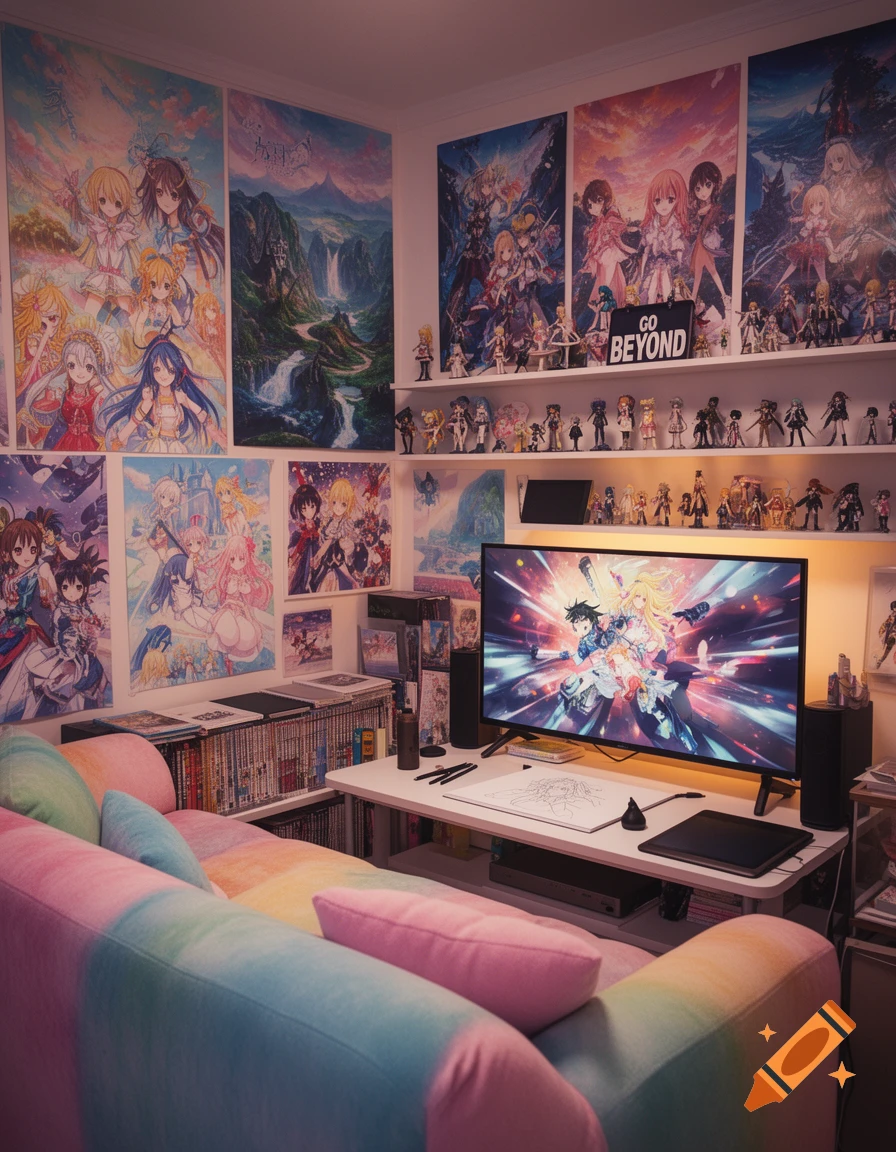 An anime-themed room with colorful posters, shelves of figurines, a desk with a monitor displaying anime art, and a pastel sofa.