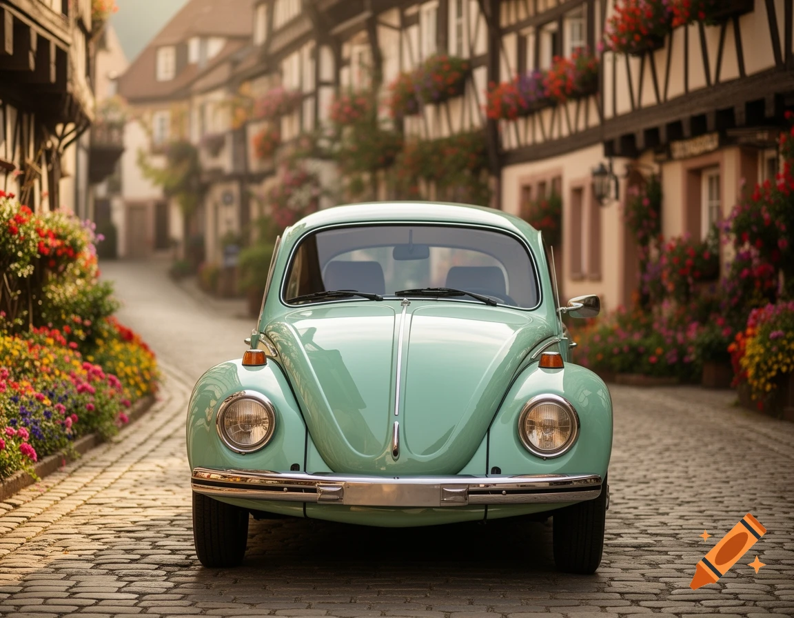 A mint green classic Volkswagen Beetle on a cobblestone street in a flower-filled European town.