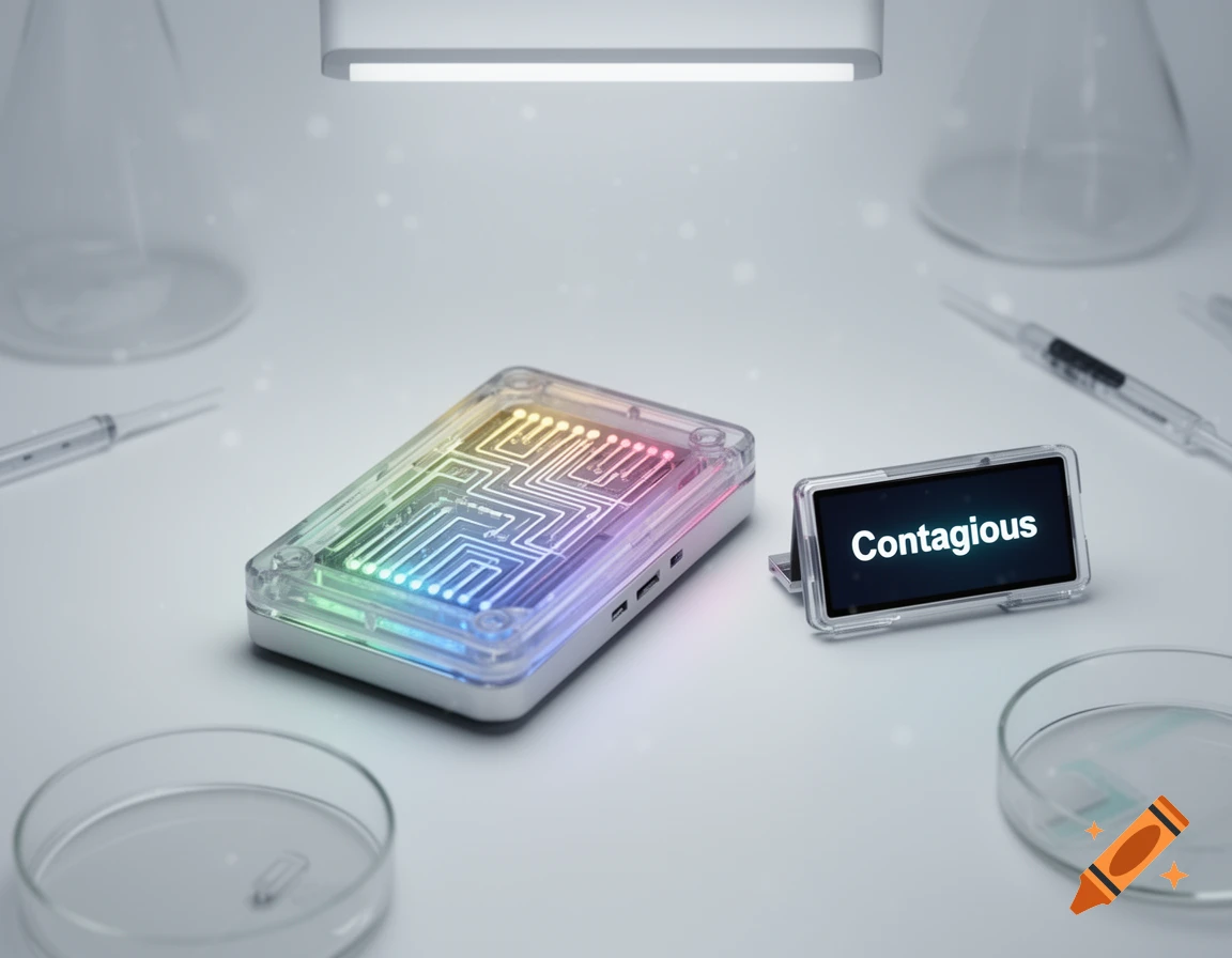 A futuristic diagnostic device with rainbow lights, a screen showing 'Contagious', and laboratory equipment on a white surface.
