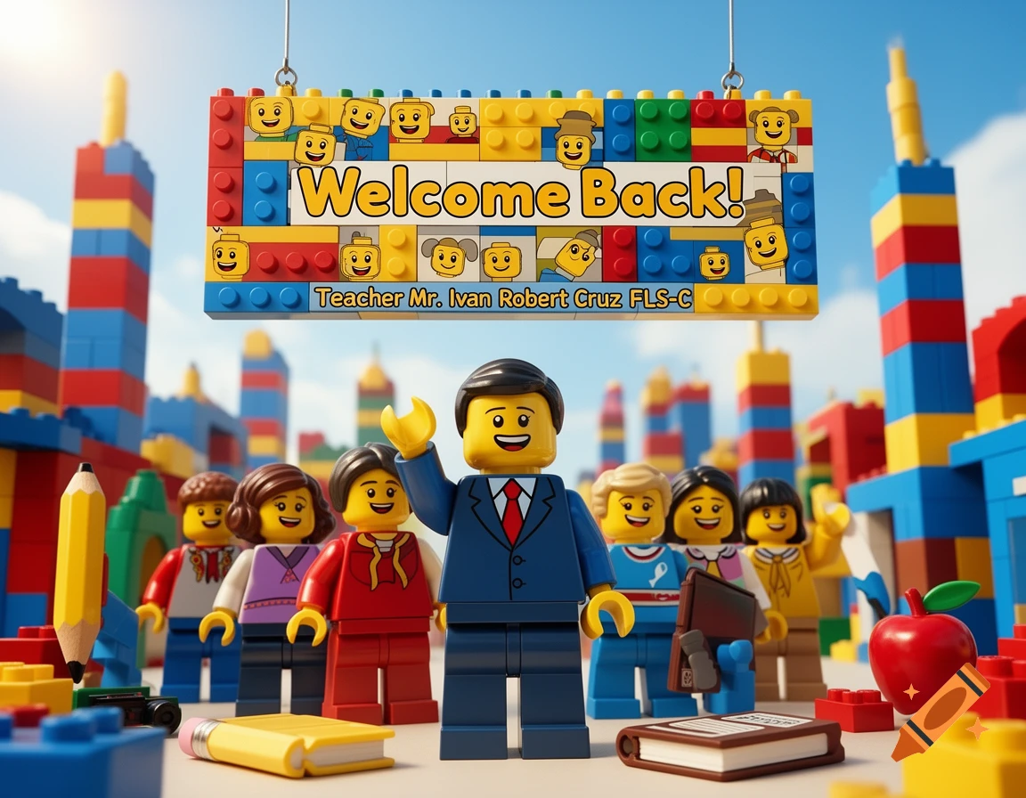 Lego teacher and students stand below a 'Welcome Back!' sign, surrounded by colorful Lego buildings under a blue sky.