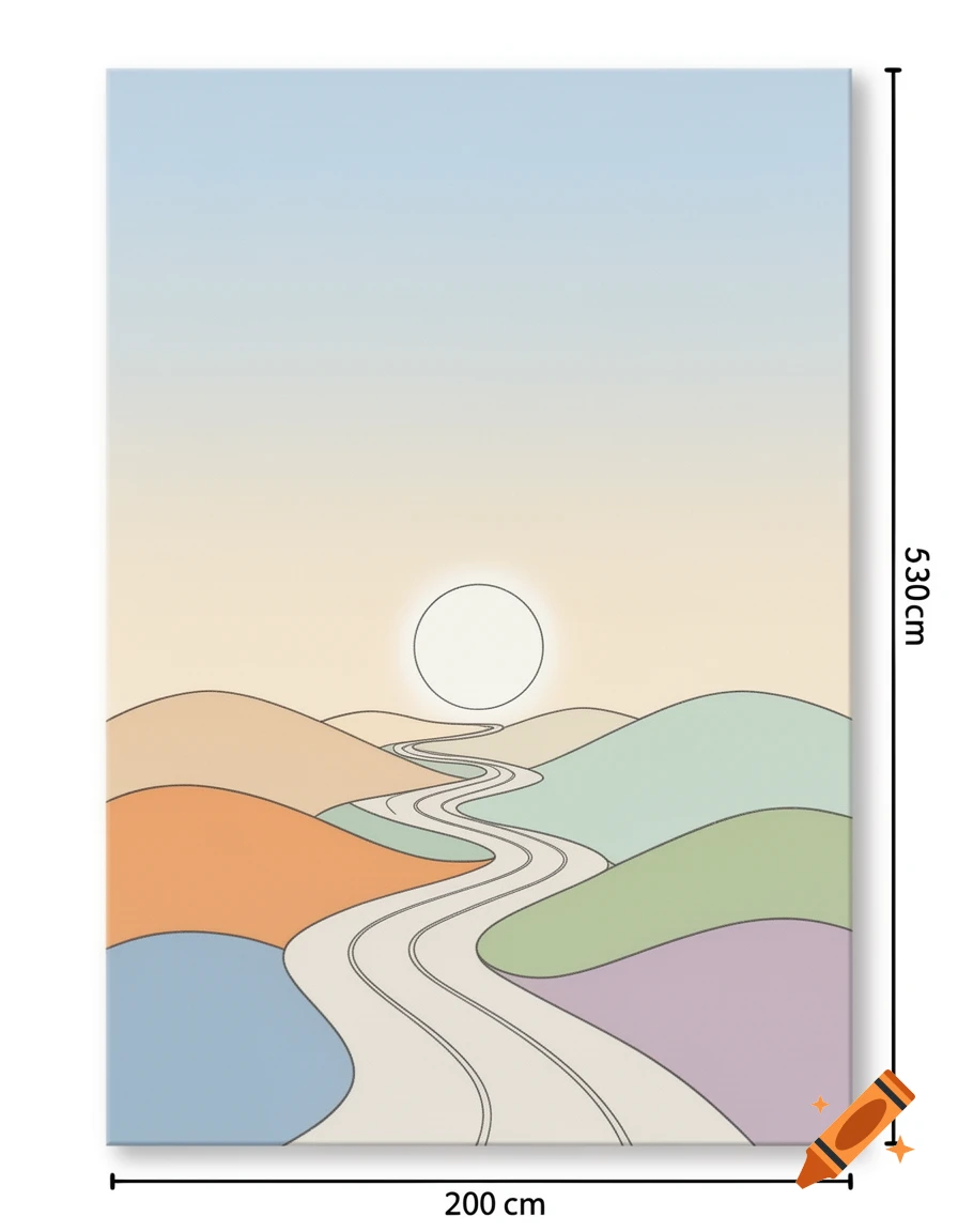 A minimalist drawing of a winding road through pastel hills towards a white sun in a light blue and peach sky.