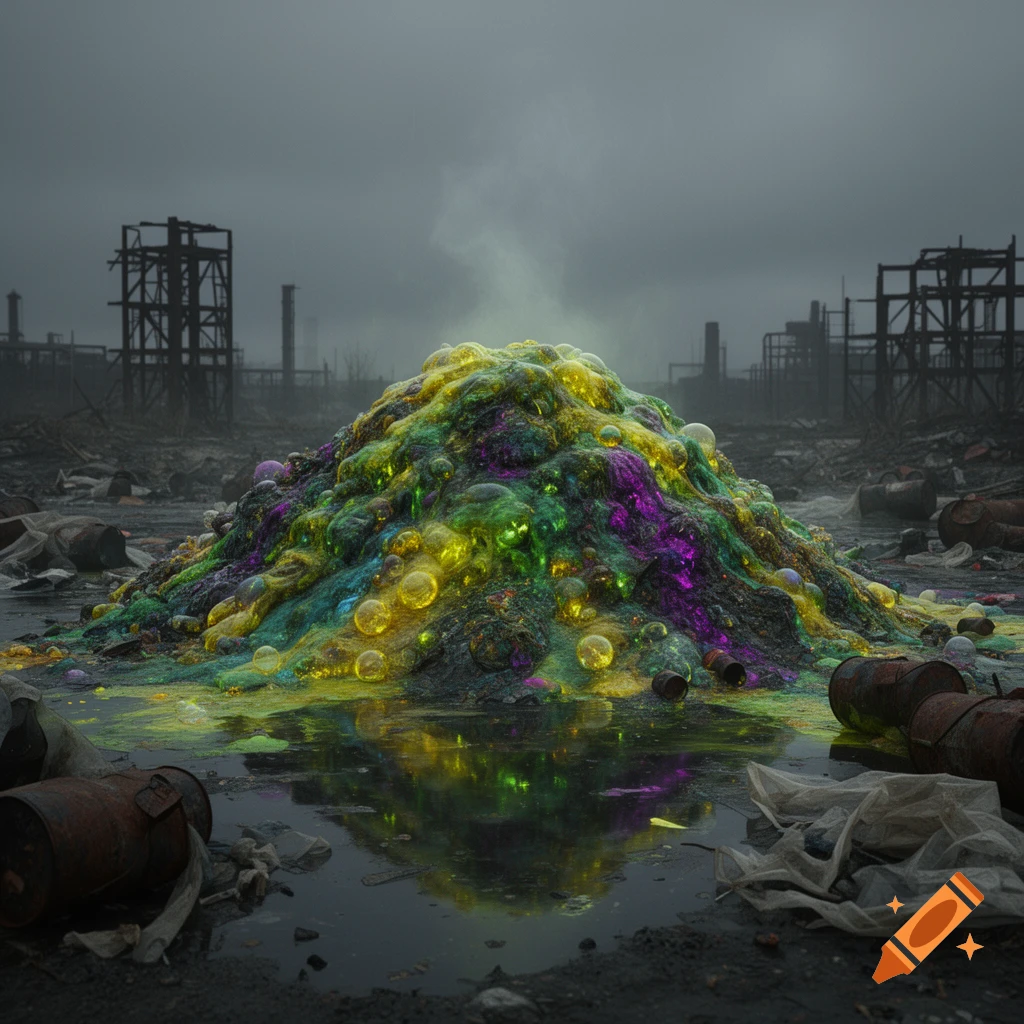 A giant bubbling pile of colorful toxic waste and slime in a desolate industrial wasteland with rusted barrels and abandoned structures under a grey sky.