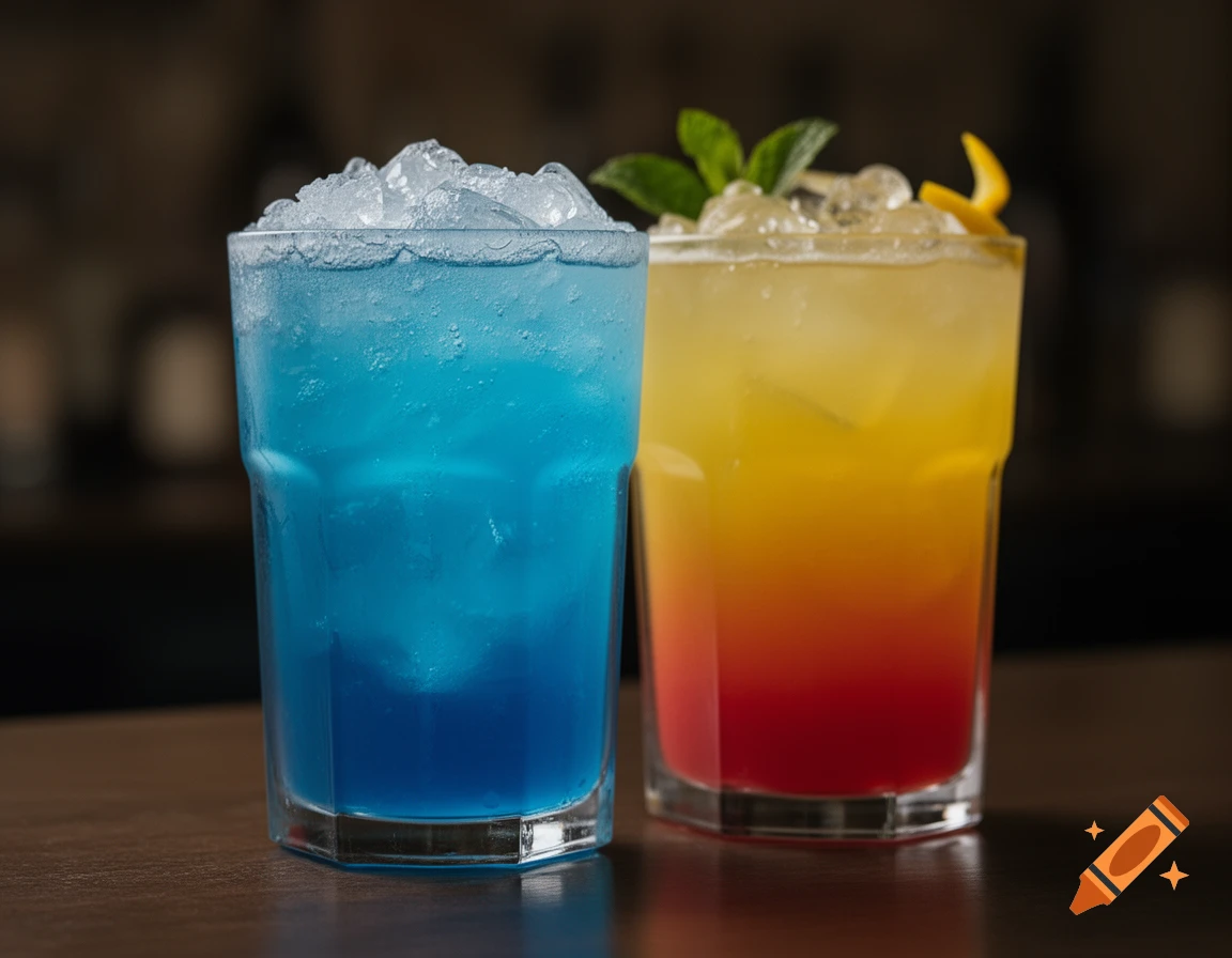 Two vibrant cocktails, one blue and one yellow-orange-red, in hexagonal highball glasses with crushed ice, on a dark bar.