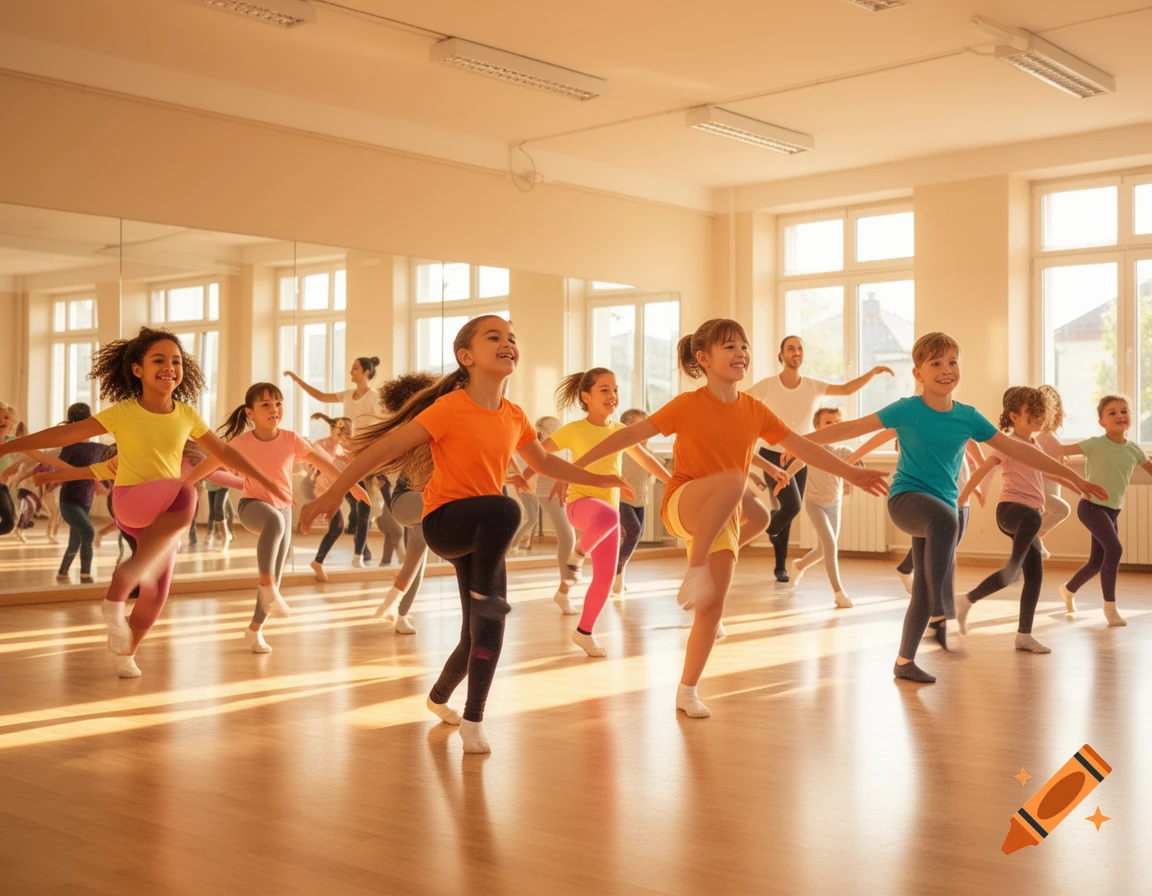 Smiling children between 6-10 years old dancing in a bright studio with mirrors.