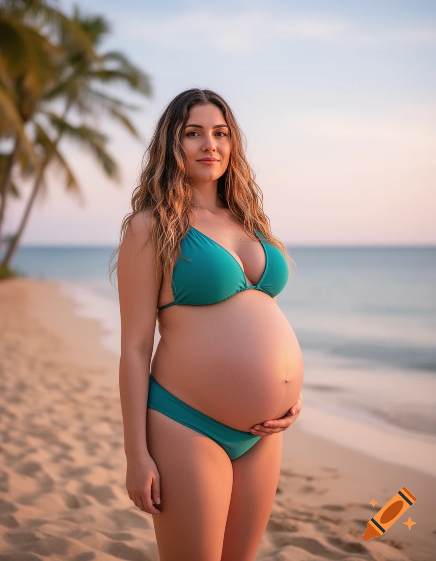 A photorealistic portrait of a pregnant woman in a teal bikini on a sandy beach with palm trees and ocean in the background.