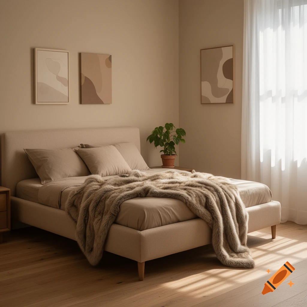 A modern, minimalist bedroom with a large bed, faux fur throw, a plant, and abstract art on light-colored walls.