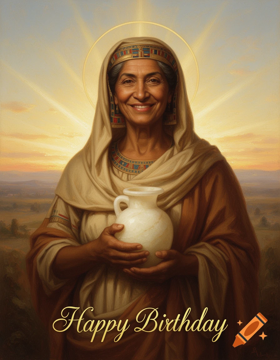 Classical portrait of a smiling saintly Egyptian woman with a halo, holding an alabaster jug against a sunrise. Text: Happy Birthday.
