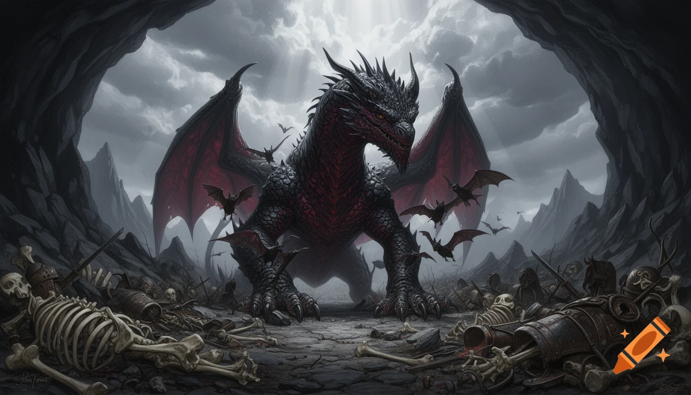 A black and red dragon sits within a cave entrance, surrounded by bats, skeletons, and rusted armor under a stormy sky. Dark fantasy art.