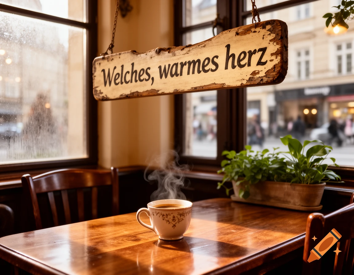 Steaming coffee on a wooden table in a cozy cafe, with a sign reading 'Welches, warmes herz' and a street view outside.