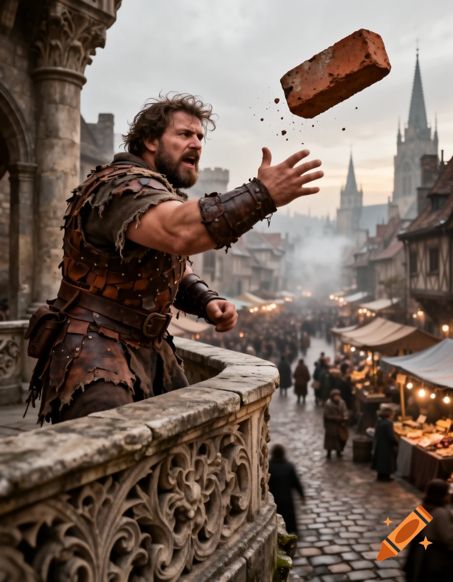 A bearded man in medieval attire on a stone balcony throwing a brick over a bustling market street with a cathedral in the background.
