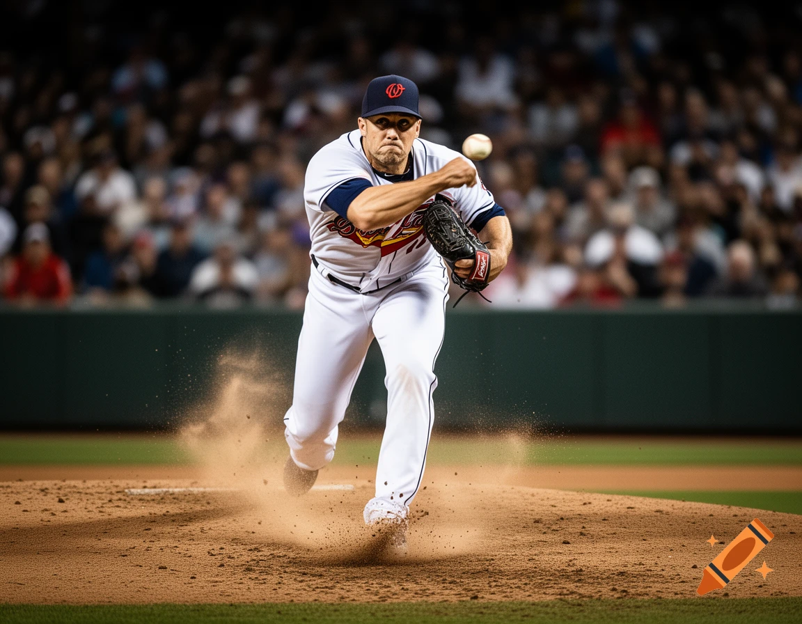 A photorealistic baseball pitcher throws a pitch on the mound, kicking up dirt, with a blurred stadium crowd.