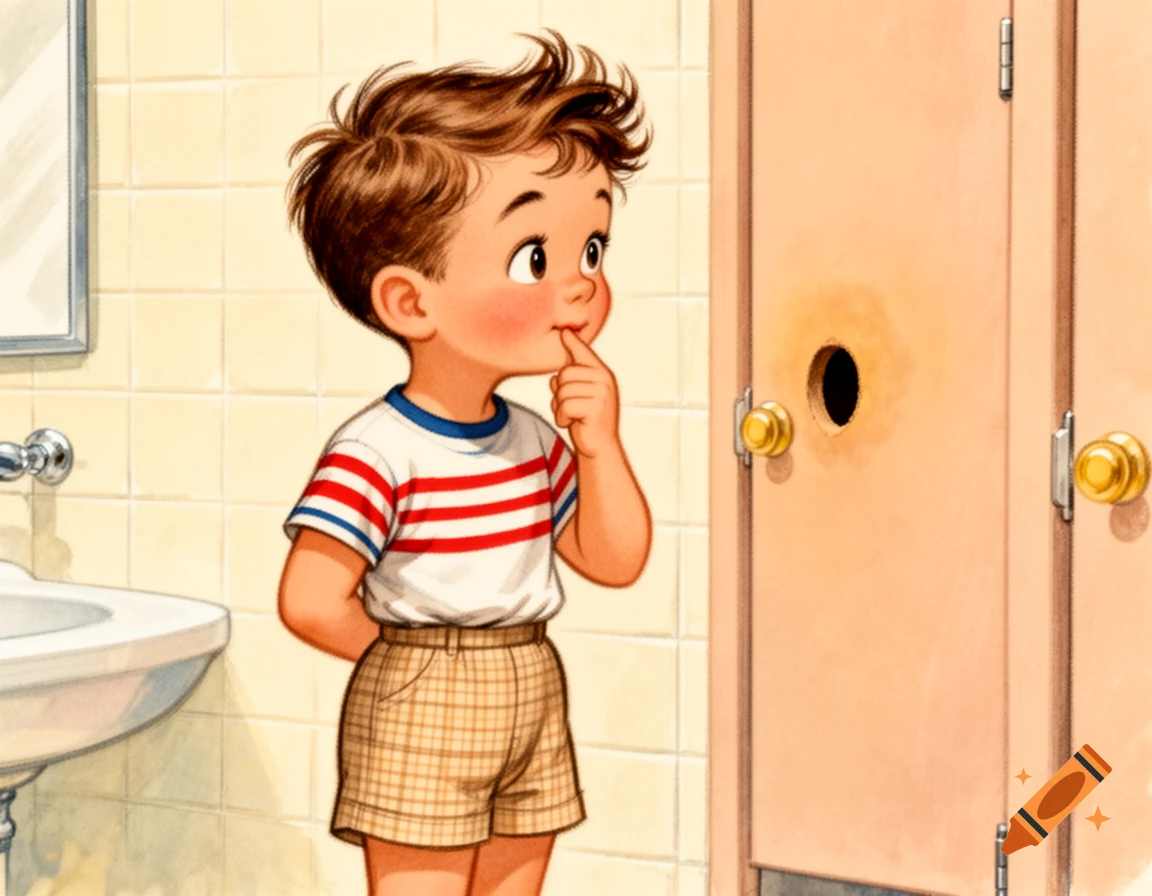 A curious little boy in a striped shirt and plaid shorts looks at a round hole in a bathroom stall, 50s Golden Book style.