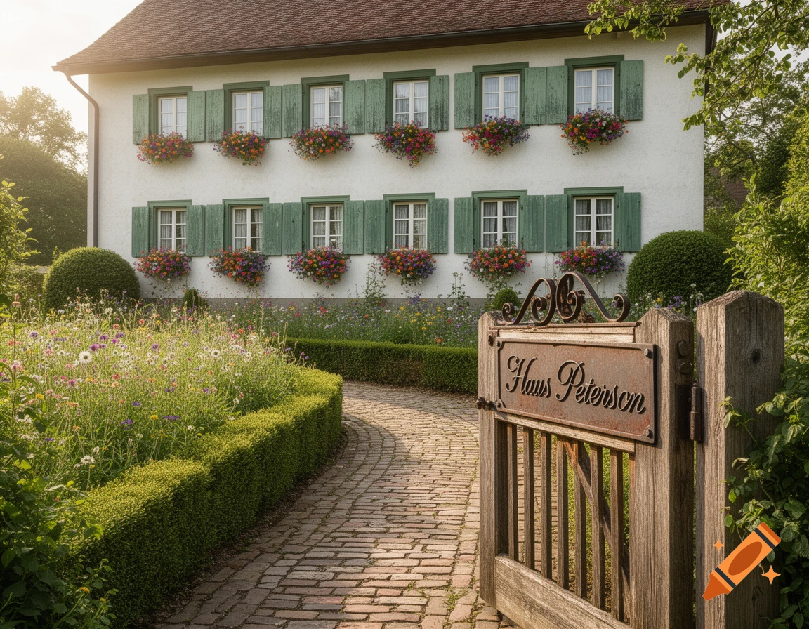 A photorealistic view of a charming white house with green shutters, flower boxes, a lush garden, and a wooden gate with a 'Haus Peterson' sign.