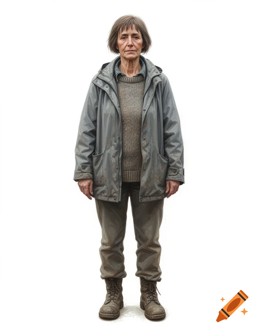 Full-body portrait of a middle-aged woman with short hair, tired eyes, wearing a grey rain jacket, wool jumper, and worn boots against a white background.