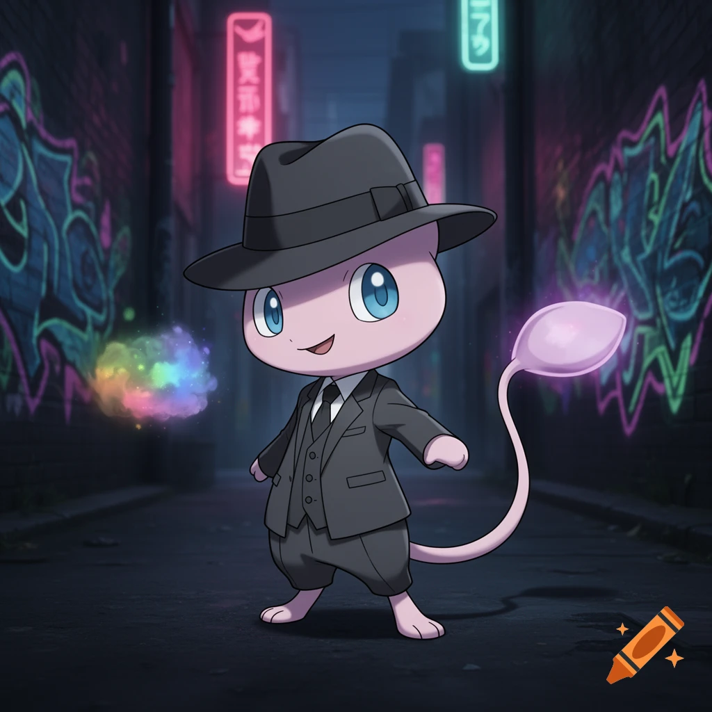 Mew Pokémon in a fedora and suit stands in a neon-lit urban alleyway with graffiti.