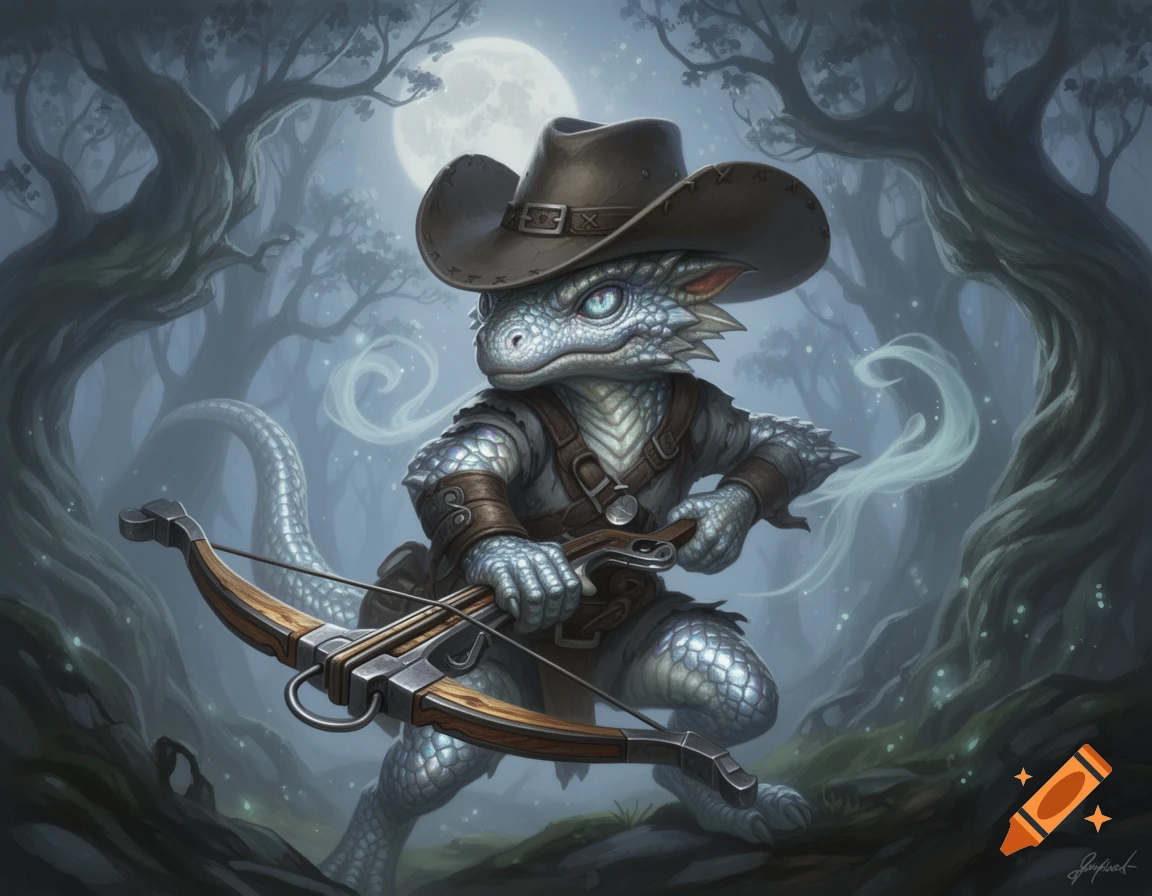 A silver-blue kobold in a cowboy hat holds a crossbow in a moonlit fantasy forest, detailed illustration.