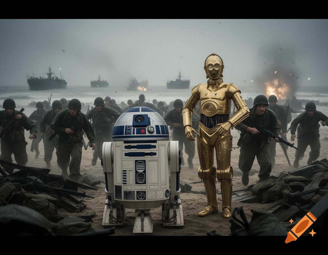 R2-D2 and C3PO stand on a stormy beach amidst soldiers, landing craft, and distant explosions during a military landing.