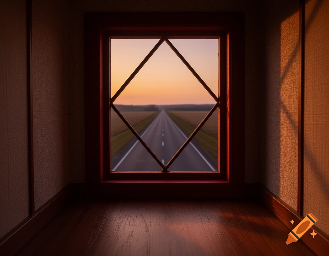 A view from inside a dimly lit room looking out a red-framed window at a long, straight road disappearing into a sunset horizon.