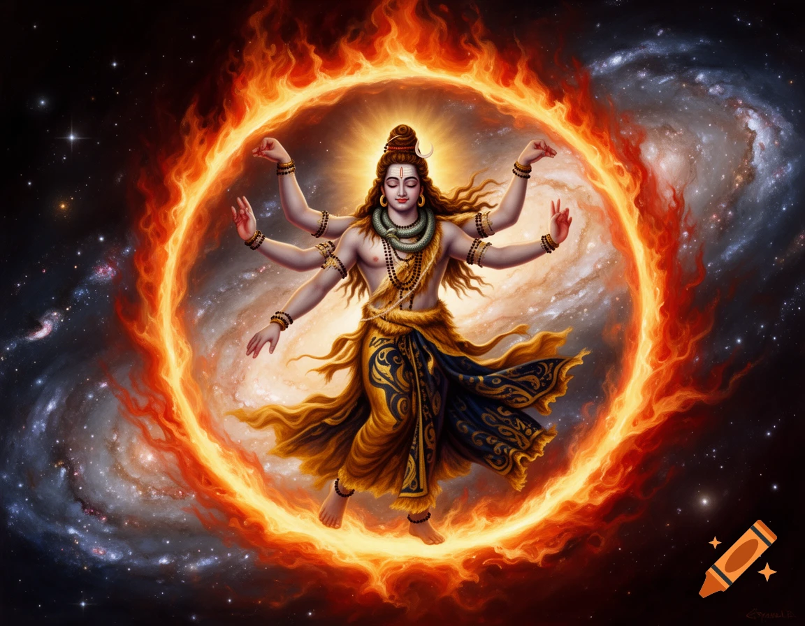 A painting of the Hindu deity Shiva with multiple arms, dancing within a fiery halo against a cosmic galaxy background.