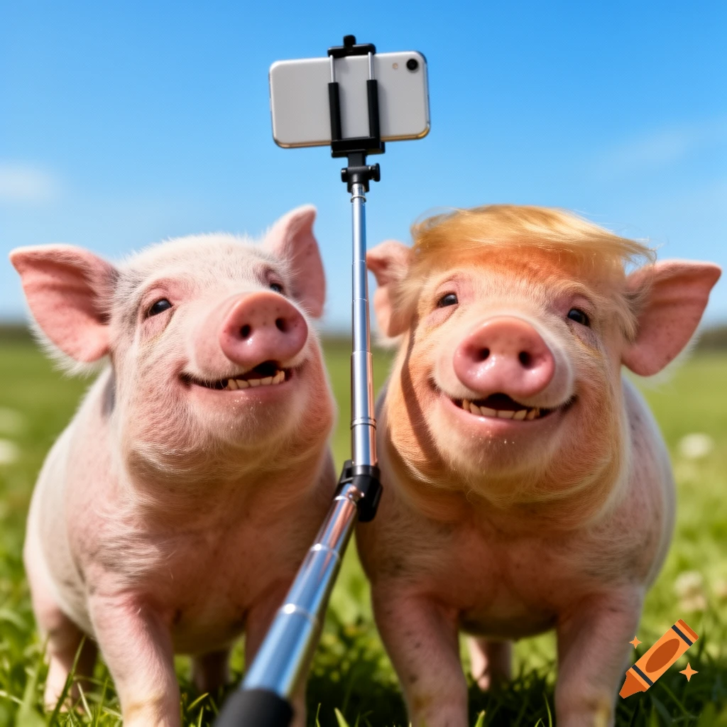 Two smiling pigs, one with blonde hair, take a selfie with a stick in a sunny green field.
