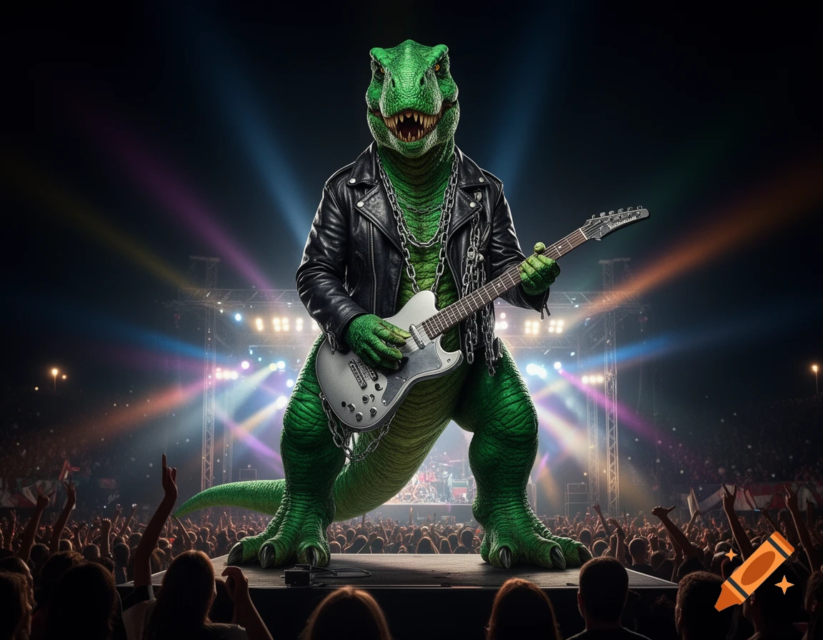 A green T-Rex in a leather jacket and chains plays an electric guitar on stage at a rock concert with colorful spotlights and a cheering crowd.