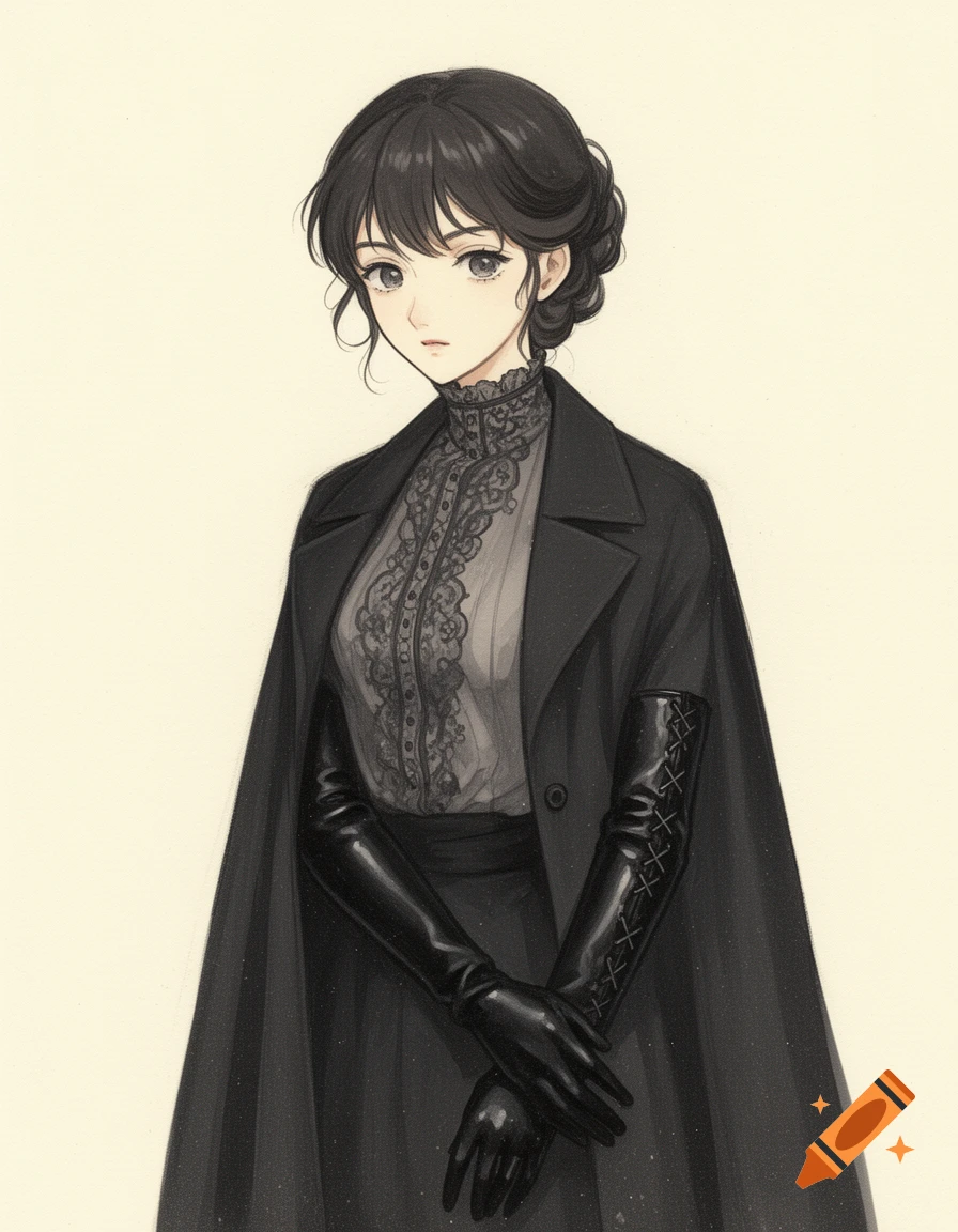 Anime illustration of a mysterious woman with dark hair in a black cape, lace blouse, and long black leather gloves, standing calmly.