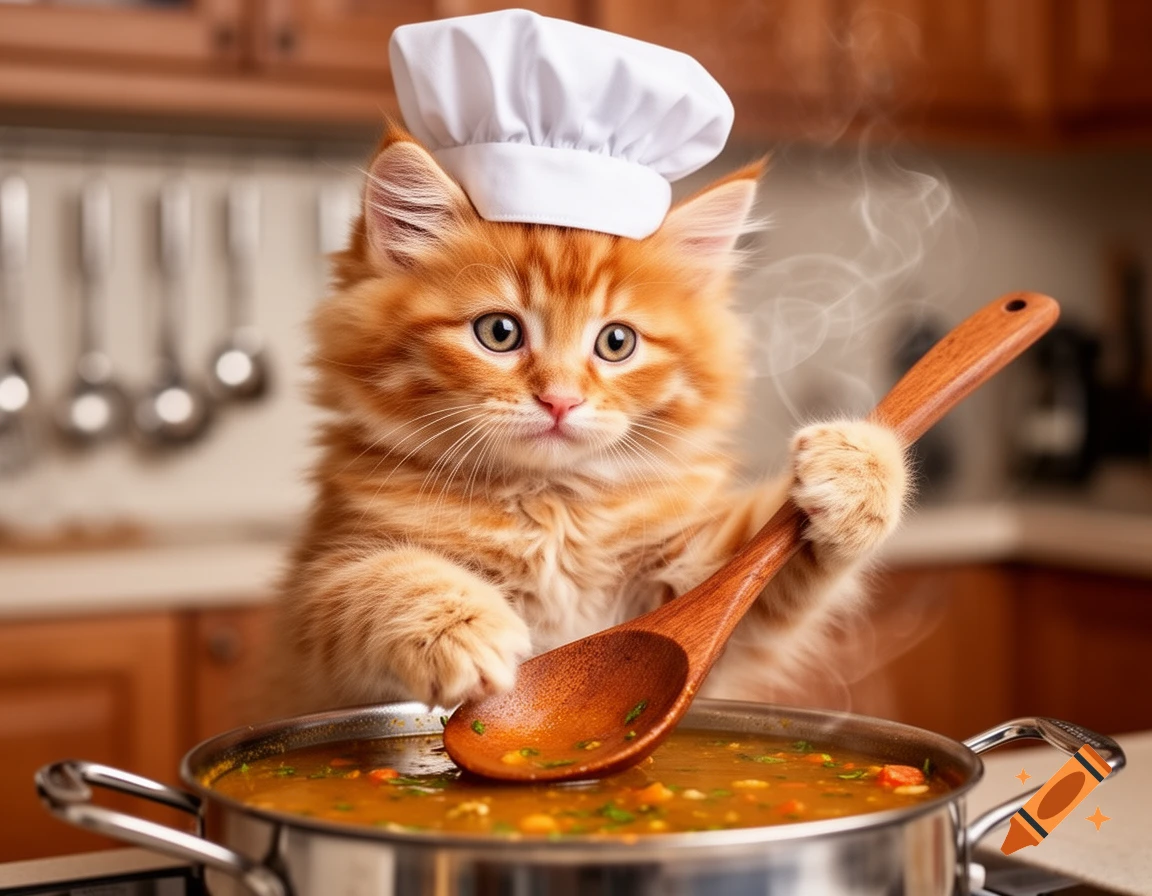 A fluffy orange kitten wearing a chef hat stirs a pot of soup with a wooden spoon in a kitchen.