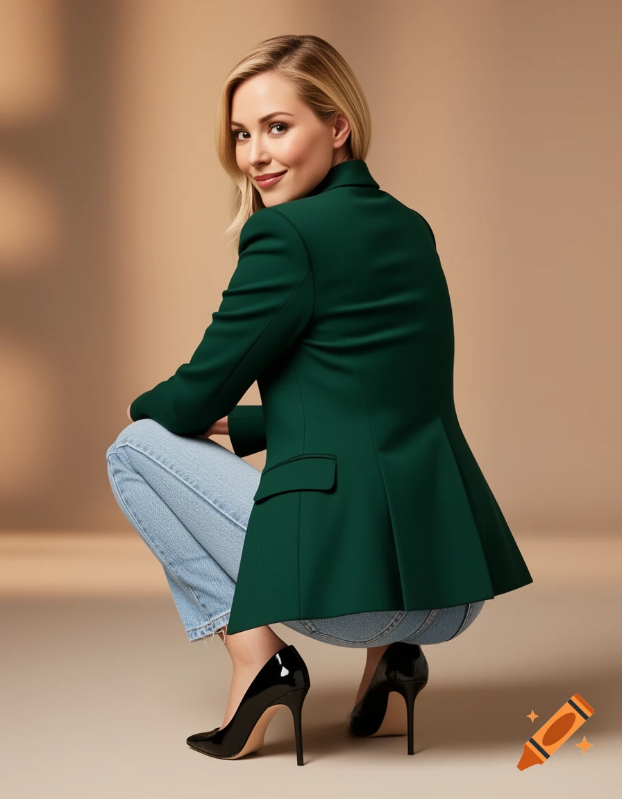 Blonde woman in green blazer, light blue jeans, and black high heels squatting, looking over her shoulder.