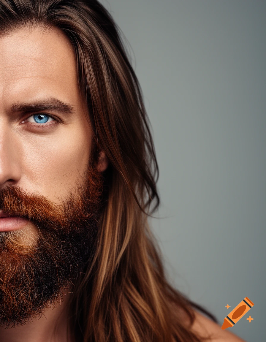 Close-up of a man's face with long brown hair, a thick reddish-brown beard, and a striking blue eye.
