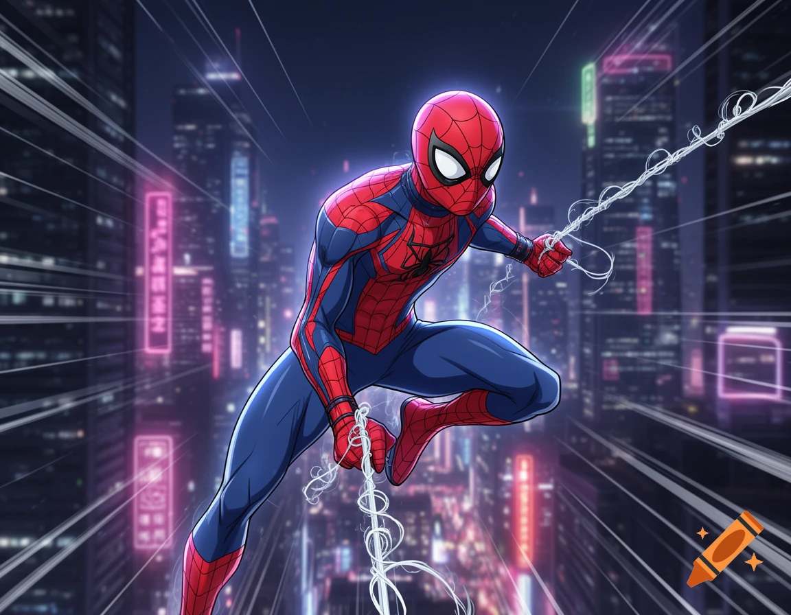 Anime Spider-Man swinging through a neon-lit city at night, holding white web lines in an action pose.