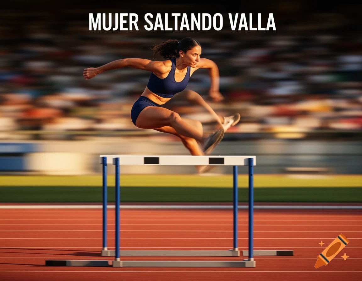 A female athlete in athletic wear jumps over a white and blue hurdle on a red track with stadium seating in the blurred background, captured with motion blur.