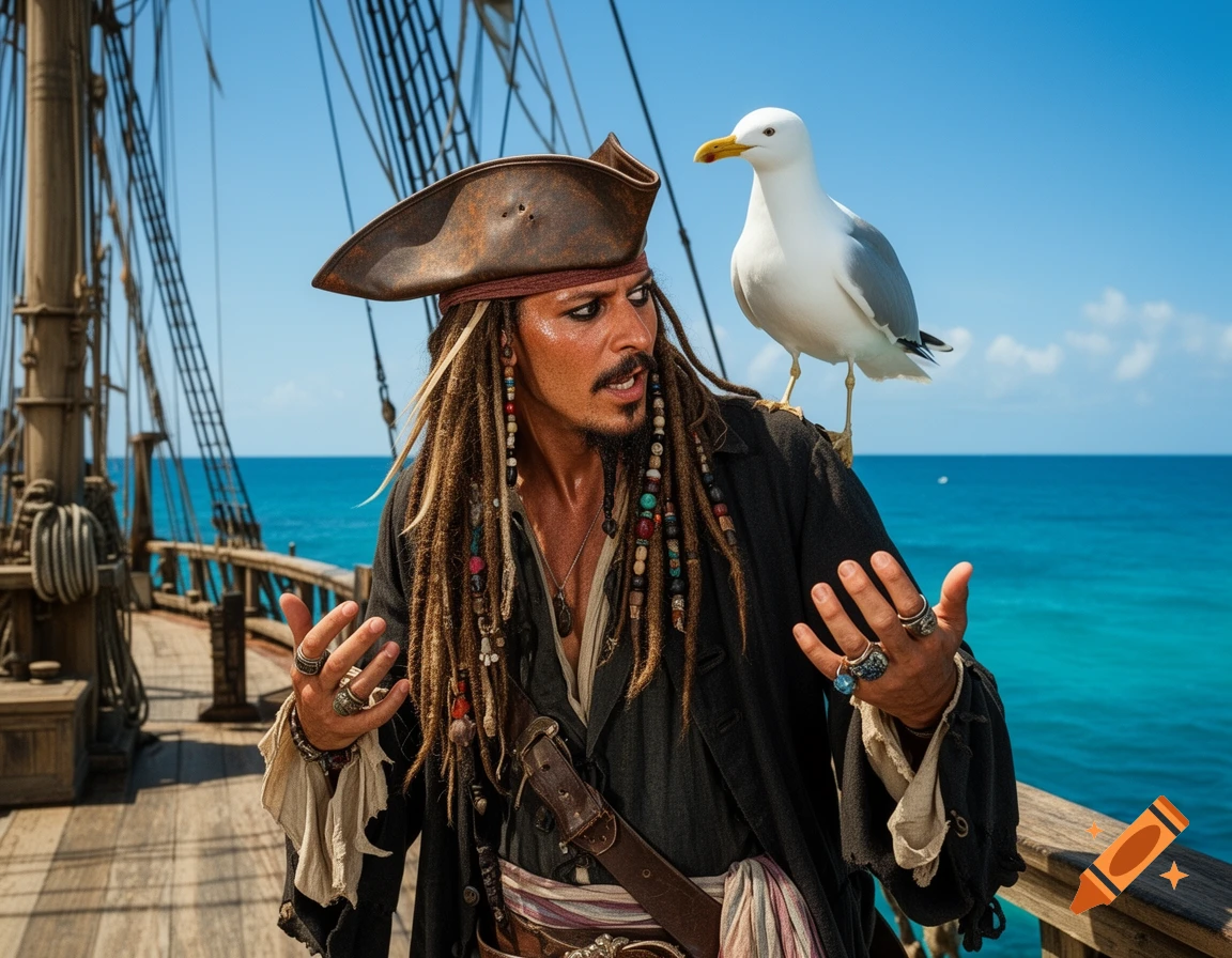 Photorealistic image of Captain Jack Sparrow on a ship deck, gesturing with hands, with a seagull on his shoulder against a blue sky and ocean.