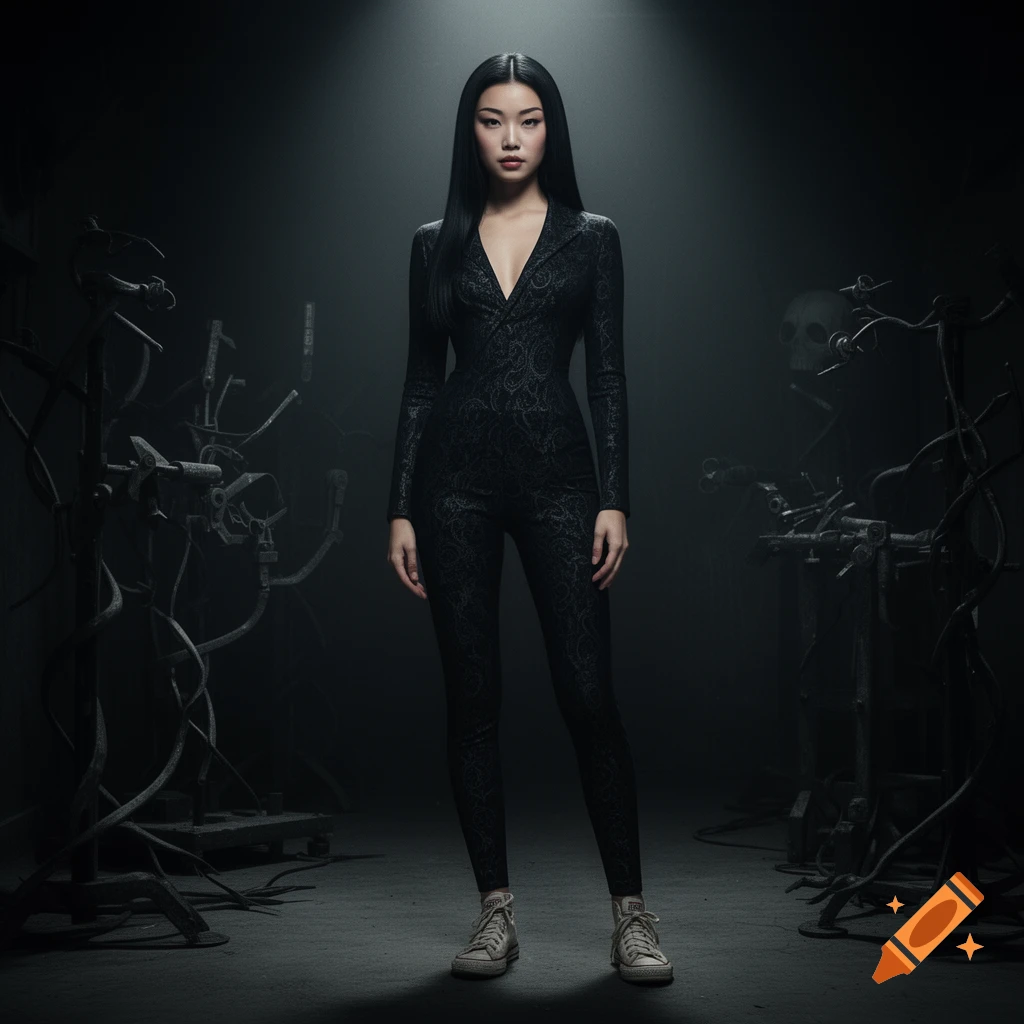 A stylish Asian woman in a black patterned jumpsuit and worn Converse sneakers stands under a spotlight in a dark, eerie industrial setting with abstract structures and a skull.