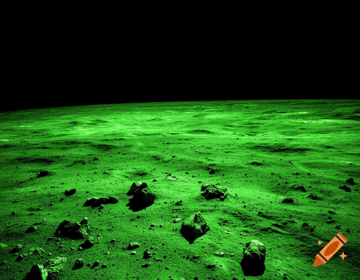 A surreal landscape of a green, rocky moon surface under a dark, black sky.