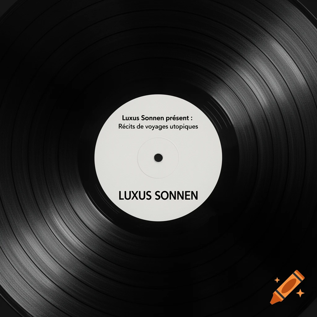 Close-up of a black vinyl record with a white label displaying 'Luxus Sonnen pr lus Sonnen pr sent : R cits de voyages utopiques' and 'LUXUS SONNEN'.