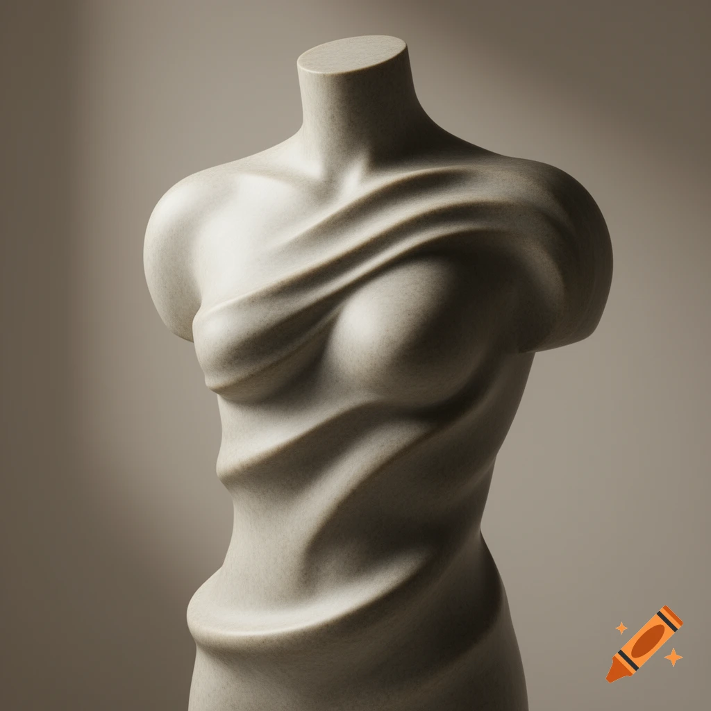 A light grey marble bust of a female torso with a twisted, draped texture.