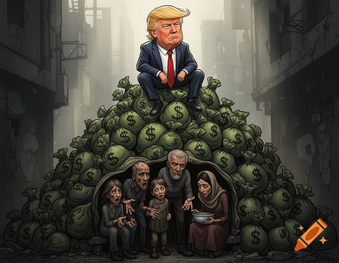 Cartoon caricature of Donald Trump sitting on money bags above a starving family in a dark alley, in a satirical illustration.