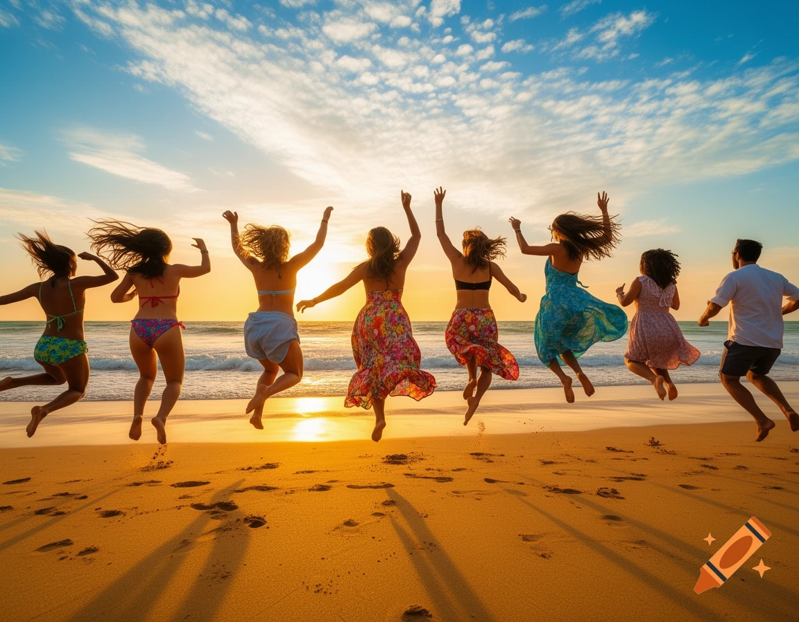 A diverse group of people jump joyfully on a sandy beach at sunset, with waves in the background.